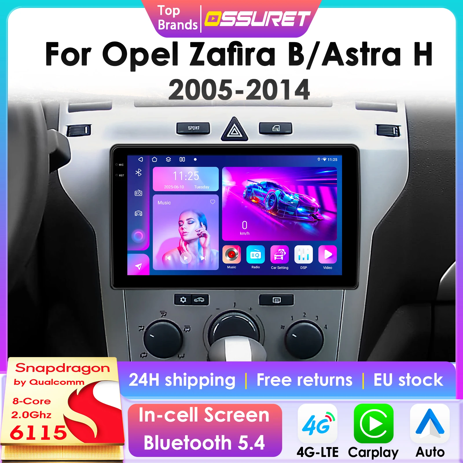 Autoradio Android 2Din avec caméra 360° pour Opel Zafira B Astra H 2005-2014, lecteur multimédia intelligent, écran intelligent, Carplay