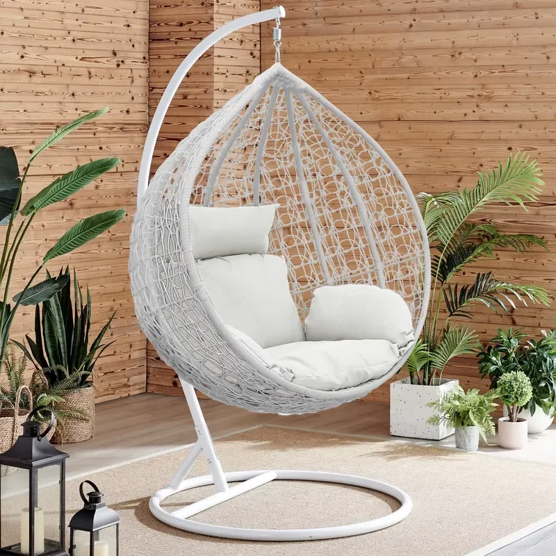 Modern Rattan Egg Swing Chair with Cushion for Outdoor Garden Balcony Patio Hanging Basket Seat Indoor Living Room Bedroom