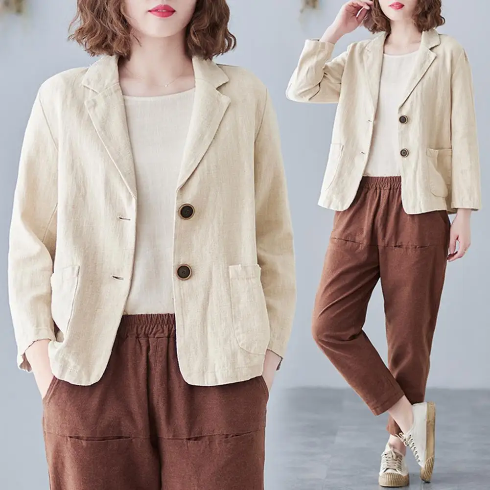 Women Outerwear Elegant Double Button Suit Coat for Fall Spring Stylish Turn-down Collar Cardigan Jacket with Long for Women