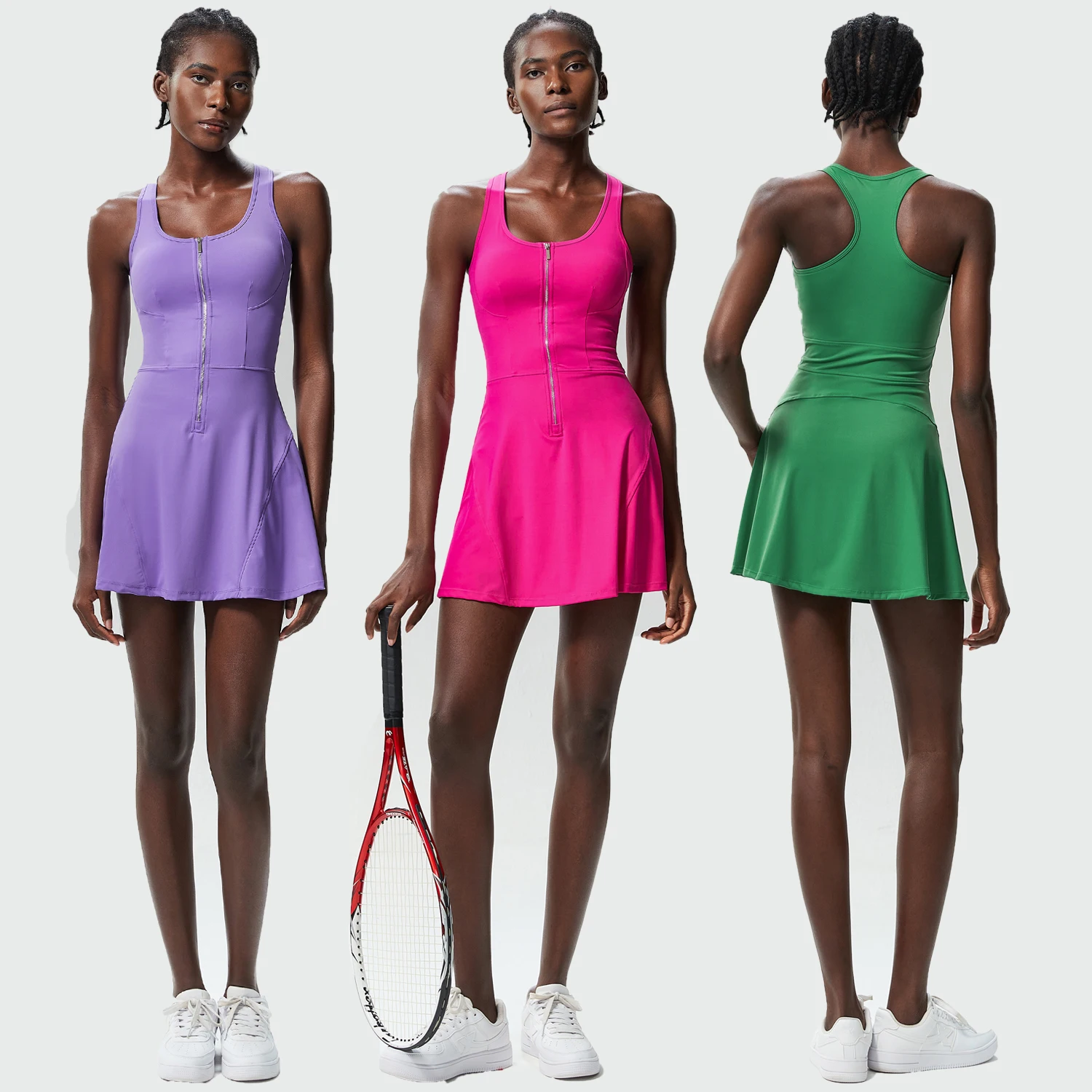 Abito da tennis da donna Costume intero slim fit morbido Set sportivo Abbigliamento da golf Gonna da badminton Senza maniche Zip Gonna casual con protezioni per il petto