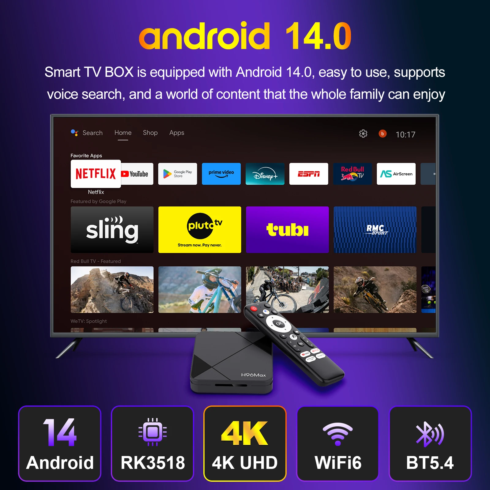 Android 14.0 Smart TV Box H96 MAX RK3518 Rockchip 3518 Quad Core 4K Wifi6 BT5.4 Voice Remote Play Game Video Set Top Box