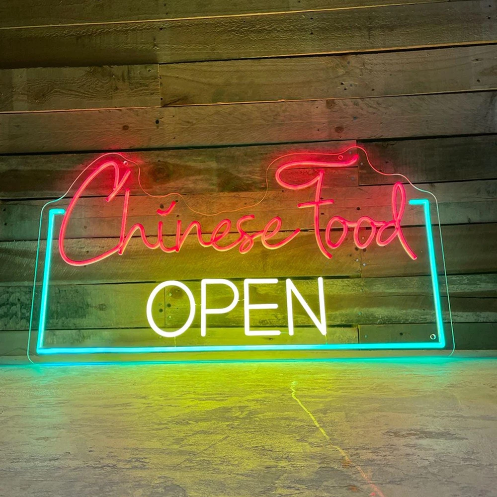 Chinese Food Open Neon Sign Asian Food Store Welcome Neon Sign Restaurant Kitchen Wall Hanging Decor Led Light Custom Neon Sign