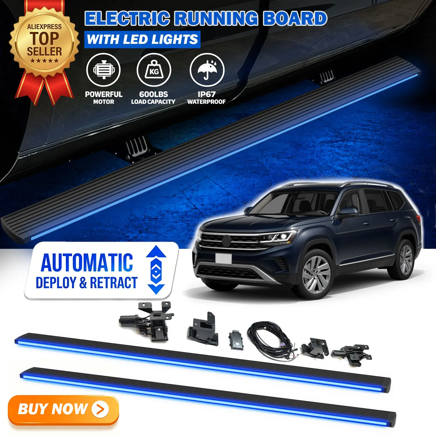 Fits For Volkswagen VW Teramont 2017-2023 Deployable Power Electric Running Boards with LED Light Strips Side Step Nerf Bars
