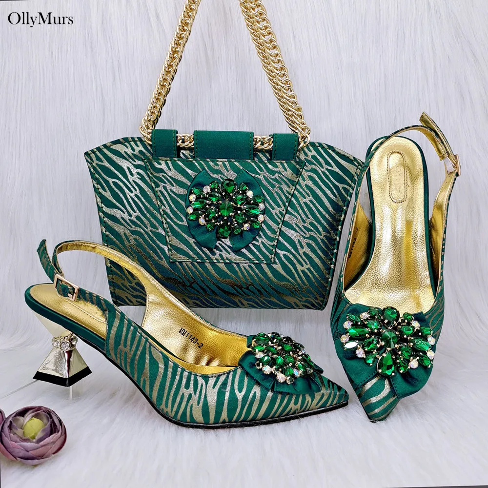 Nigerian Summer Green Color Woman Shoes And Bag Set African Style Fashion Thin High Heels Shoes And Matching Bag Set For Party