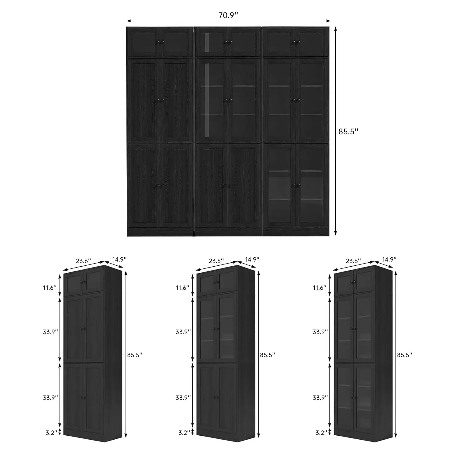 Modern Tall Bookcase with Glass Doors 7-Tier Wood Bookshelf Storage for Home Office Living Room Bedroom 85.5