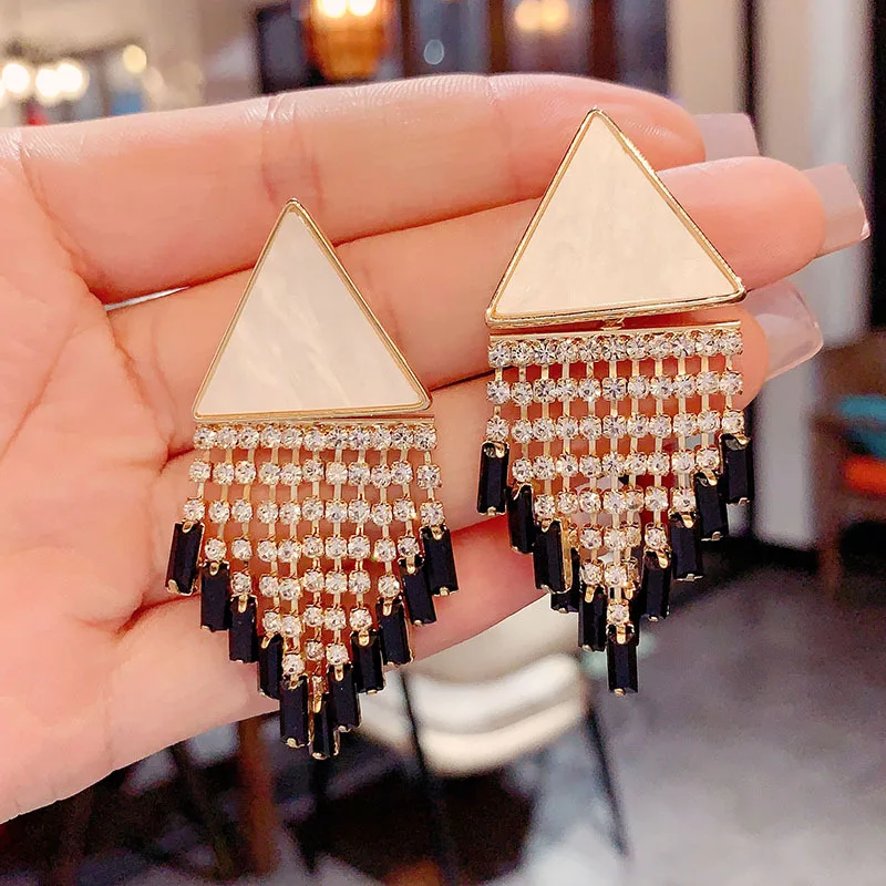 Retro exaggerated geometric triangular temperament long fringed large earrings women's high sense exaggerated cold wind personal