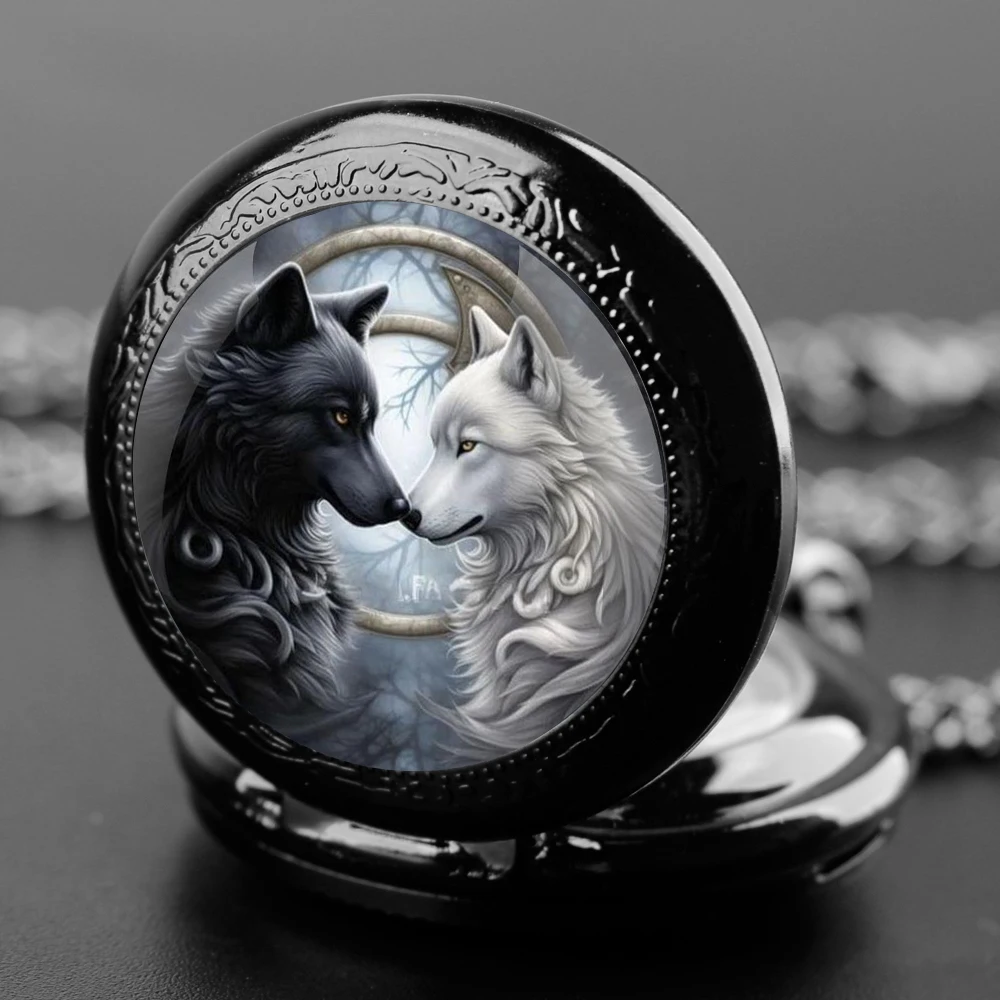 Black White Wolf Design Quartz Pocket Watches for Women Men Watch Unique Pendant Clock Necklace Kids Jewelry Gifts Accessories