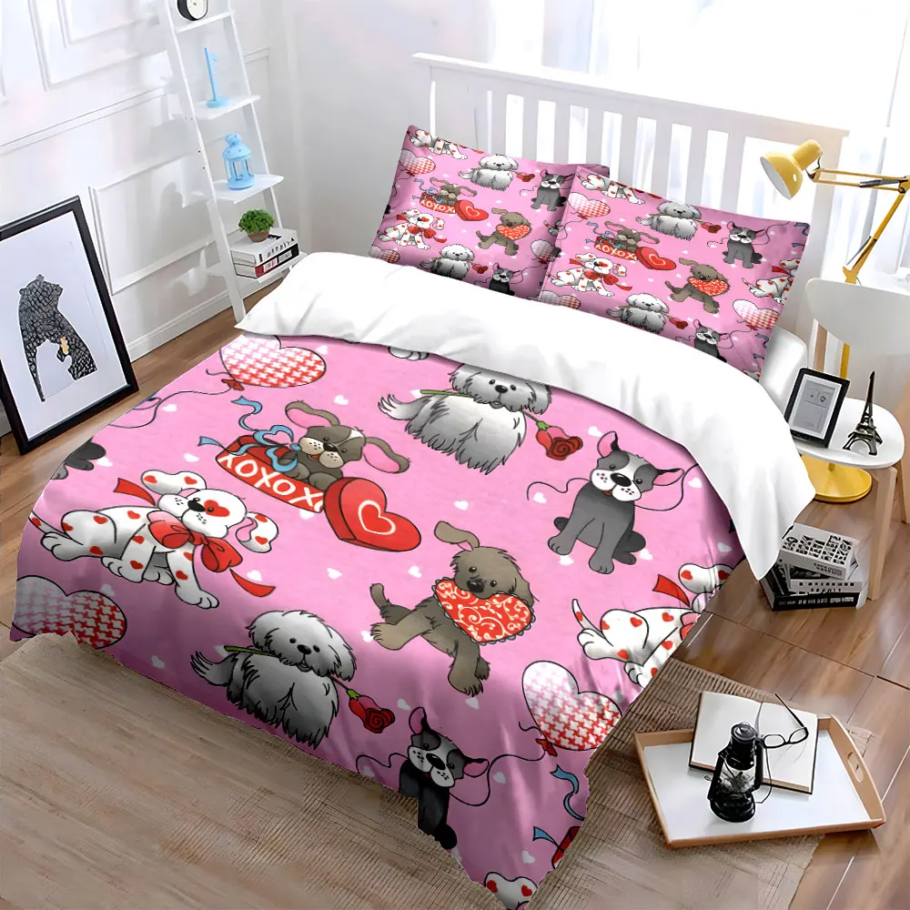 Cute Dog Valentine Gift Set Bedding Set with 1 Duvet Cover 2 Pillowcases Single Double King Queen, Gift
