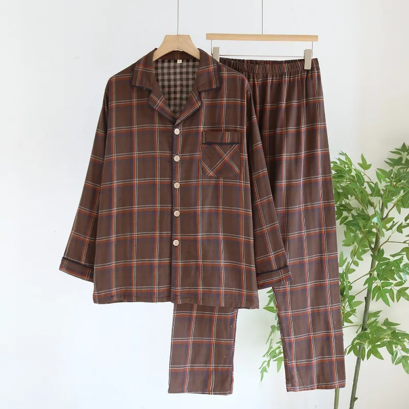 Immagine 7: Coppia Pigiama scozzese tinto in filo Doppio strato di filato di cotone Abbigliamento per la casa Pantaloni sottili a maniche lunghe Pigiama da donna Set da 2 pezzi