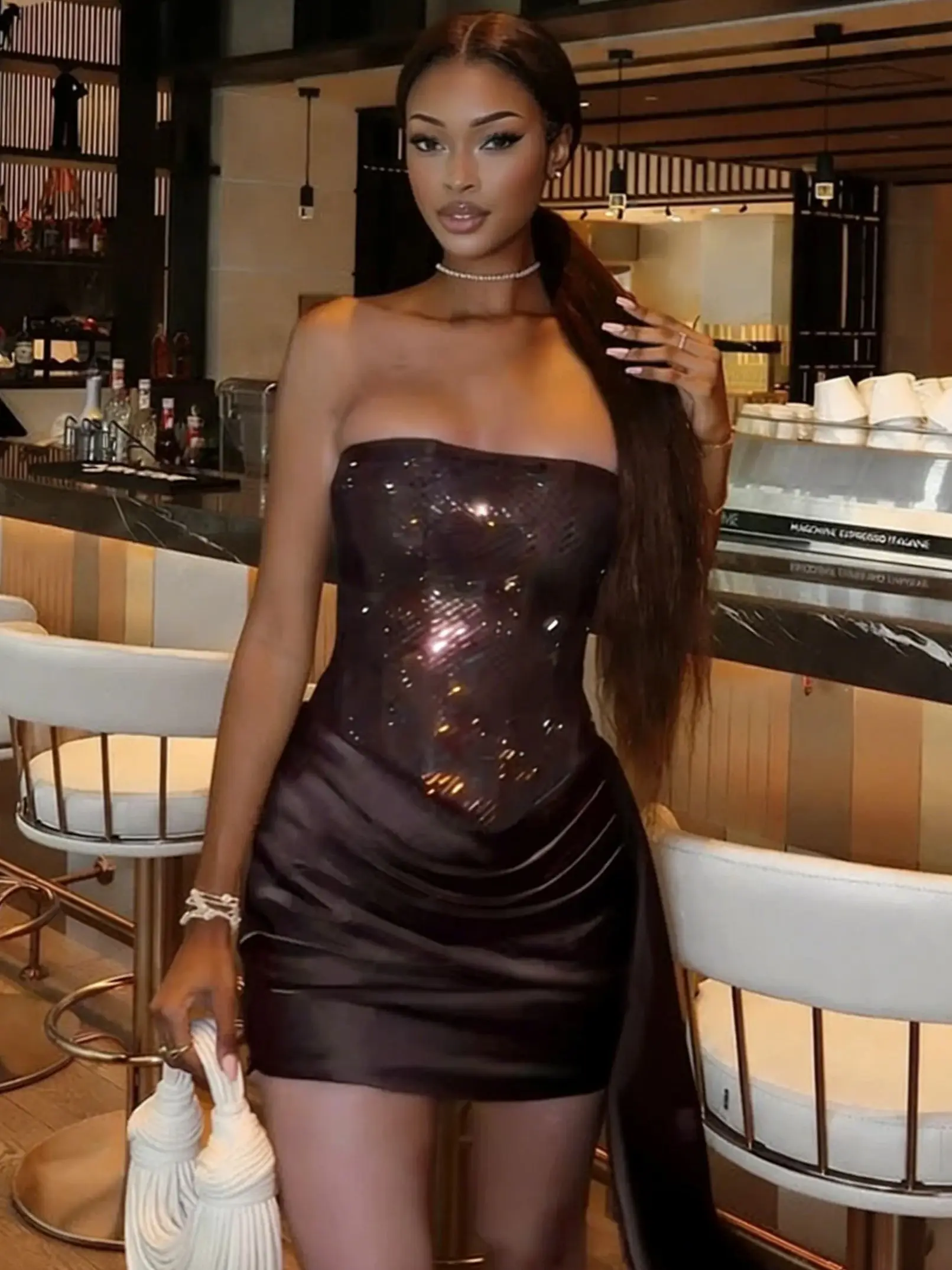 Sisterlinda Band Gerafftes Kleid Frauen Valentinstag Trägerlosen Pailletten Patchwork Fleck Pfirsich Hüfte Sexy Hottie Dating Bodycon