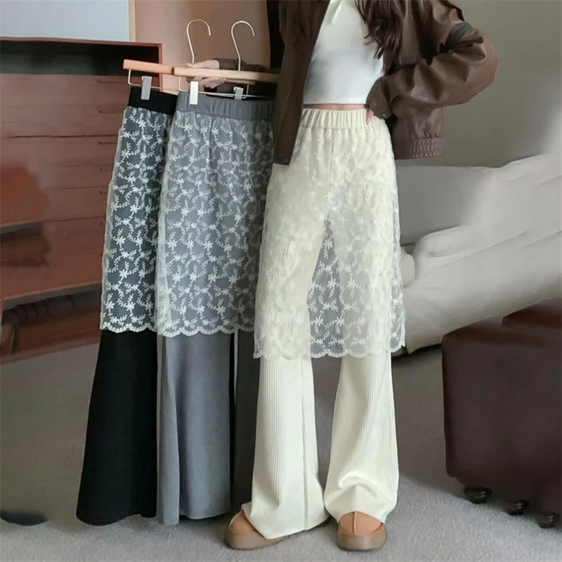 Spring Autumn Fake Two Pieces Trousers Women 2025 New High Waist Flared Trousers Solid Color Fashion Spliced Lace Female Slacks