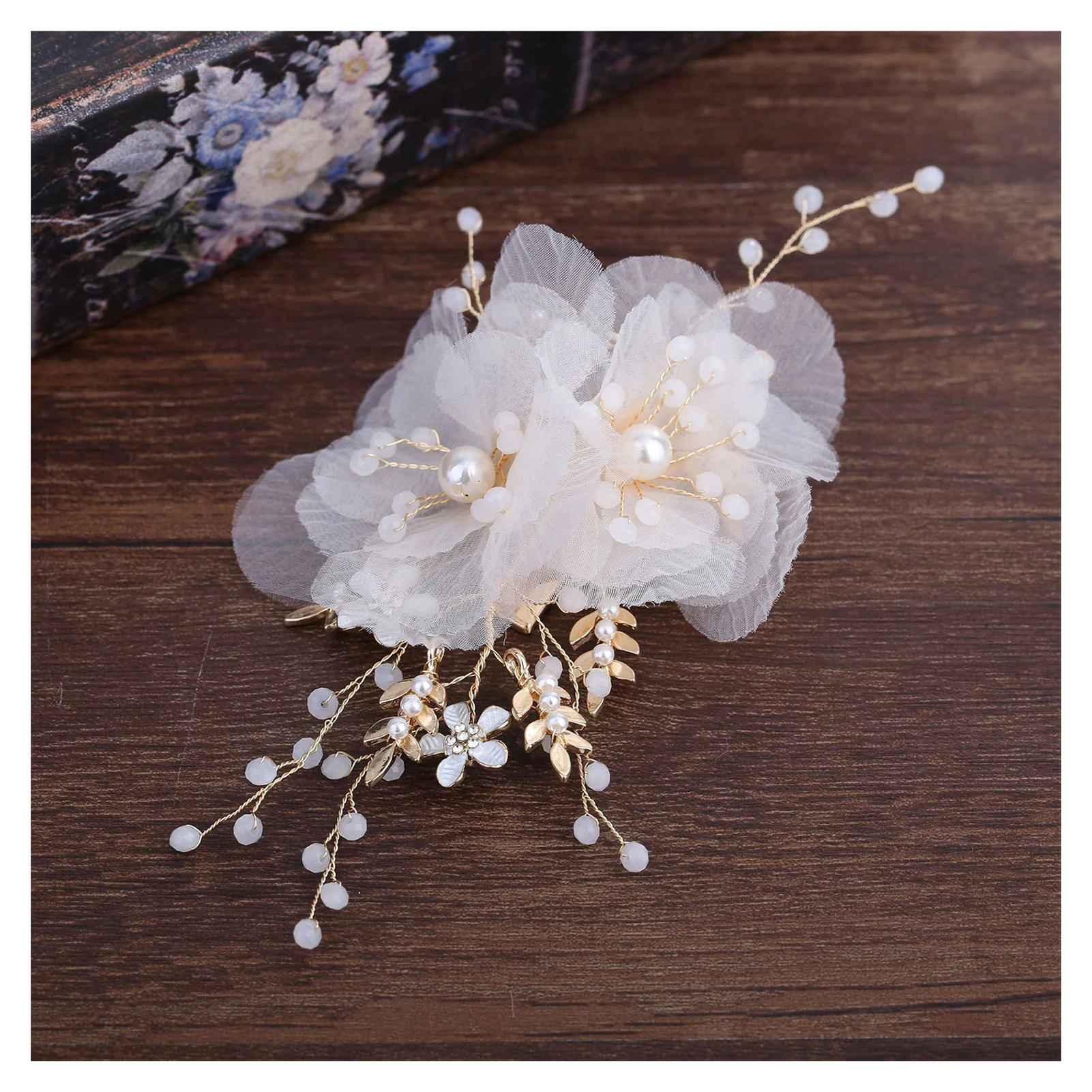 

Свадебные Цветочные заколки для волос, белый жемчуг, цветочный корсаж на запястье с лентой для свадьбы, аксессуары для цветов