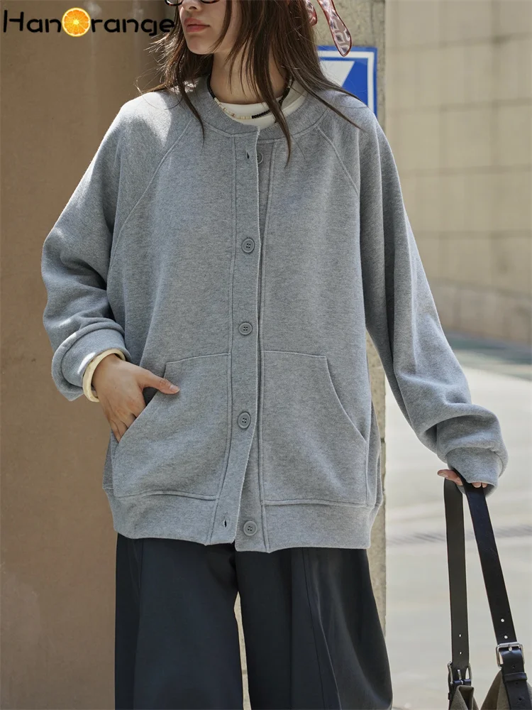 

HanOrange 2025 Early Autumn Casual Off Shoulder Baseball Collar Cardigan Sweatshirt Women Soft Sticky Stacked Top Grey/Purple