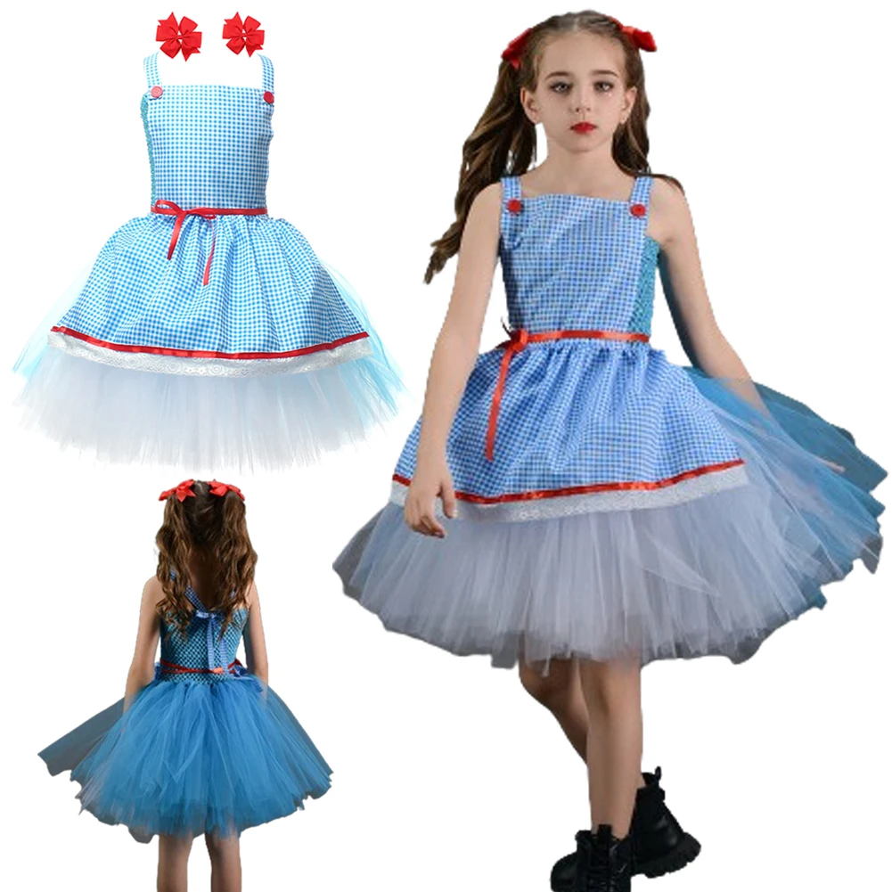 Children Dorothy Cosplay Kids Girls Tutu Dress Costume Movie The Wonderful Wizard Outfits Dance Skirts Headgear Halloween Suits