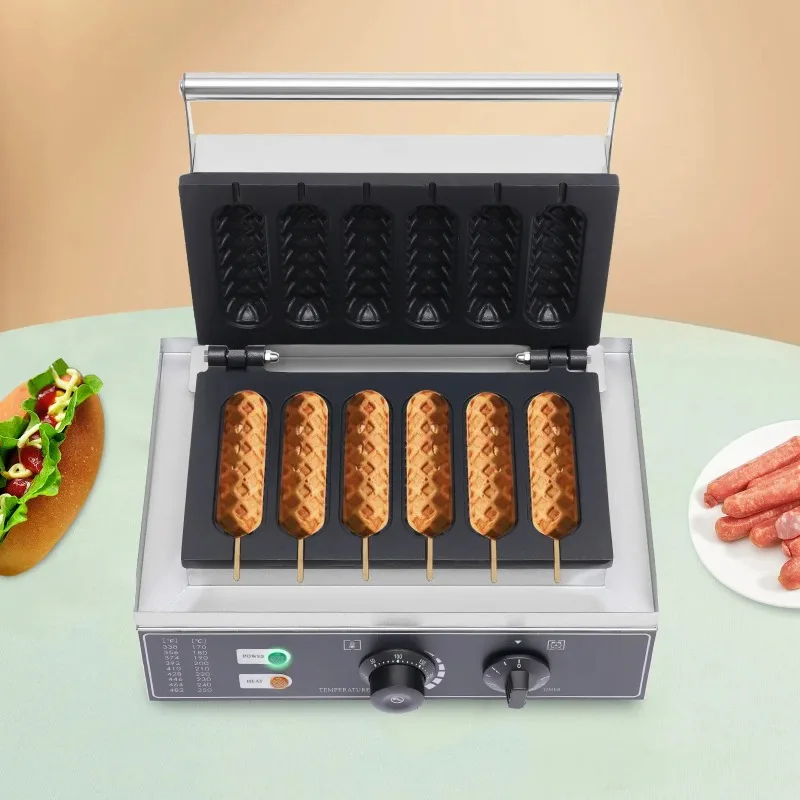 

1500W Hot Dog Machine,6 Molds,with Time and Temp Control Non-stick Waffle Maker Upper and Heating Plates EU 220V