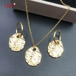 316L Stainless Steel Gold Color Oval Irregularity Pendant Necklace Earrings Set for Women Girls Ear Jewelry Gifts Colar Brincos