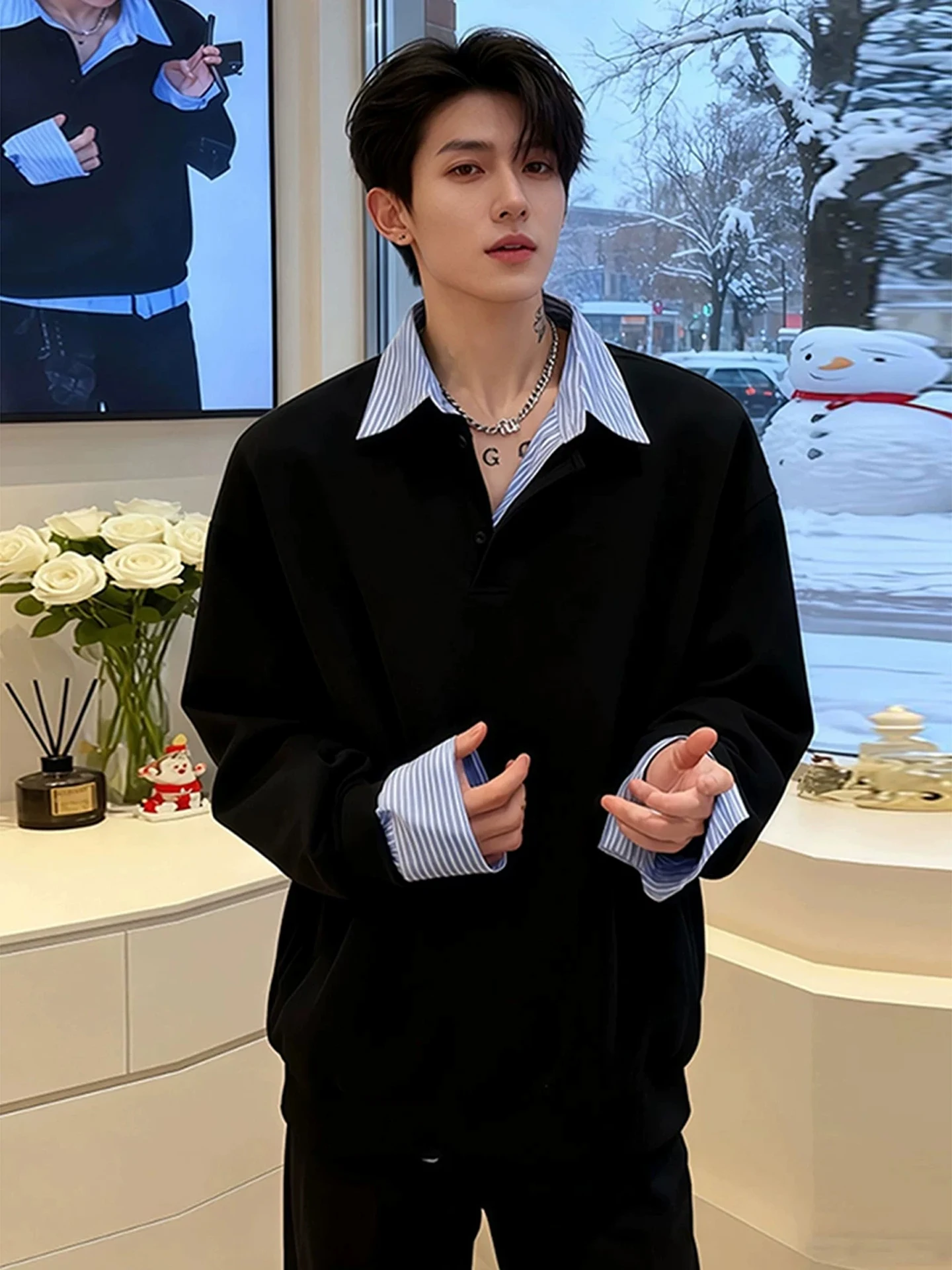 

Men's Black Fleece Lined Long Sleeve Shirt Collar Sweatshirt Winter Thickened Inner Wear Base Shirt American Style Polyester ...