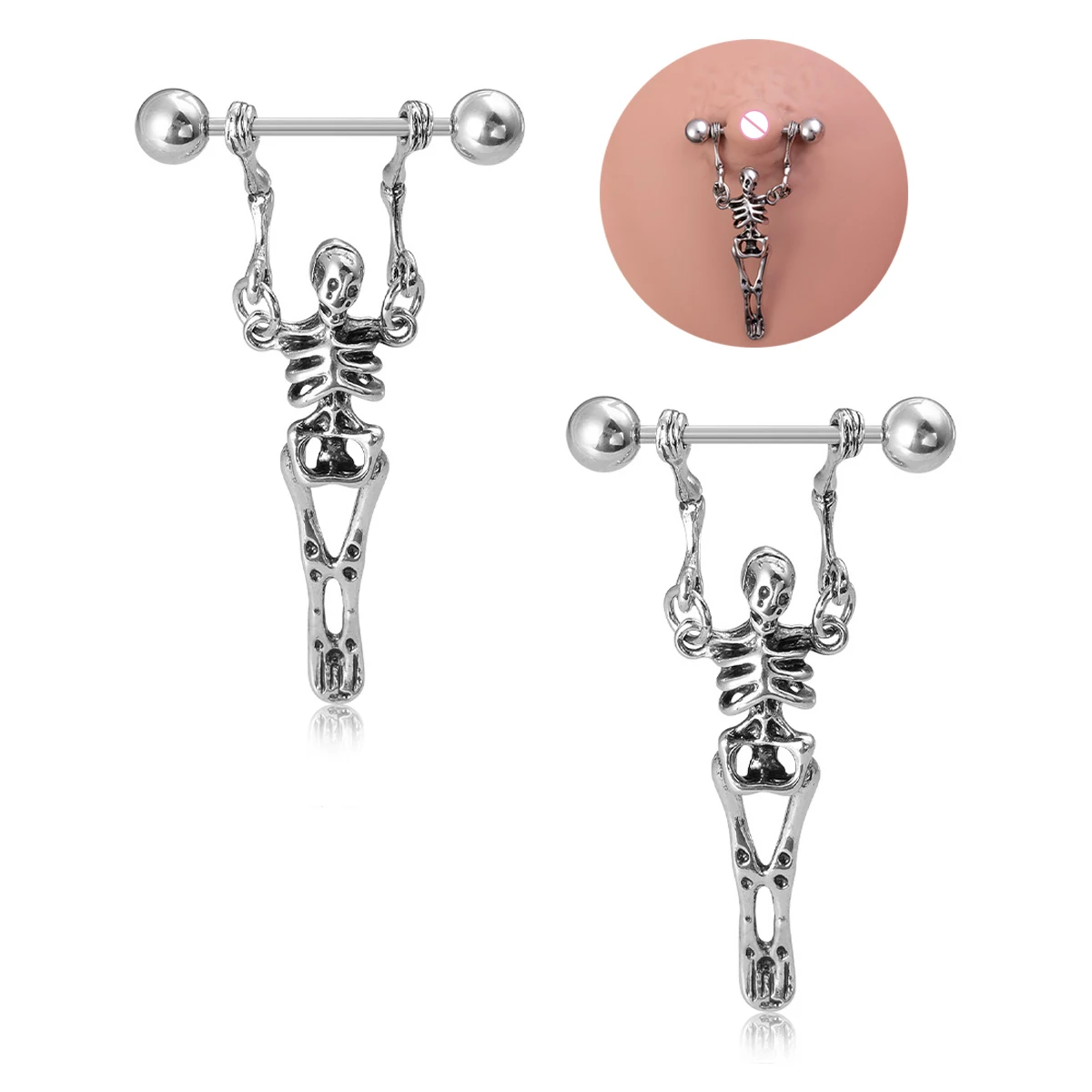 2pcs/Lot Punk Skeleton Nipple Rings Breast Jewelry Stainless Steel Sexy Dangle Nipple Piercing Barbell for Women Men Gift 16G