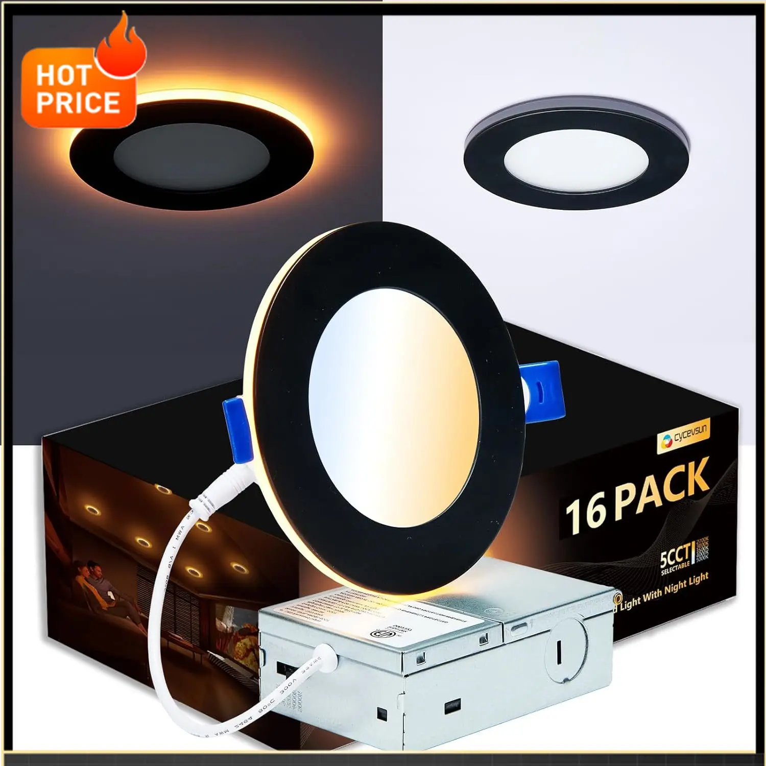 

Bestseller16 Pack Black Recessed Lights 4 Inch with Night Light, Canless Ultra Thin Wafer Soffit Downlight with Junction Box, Di