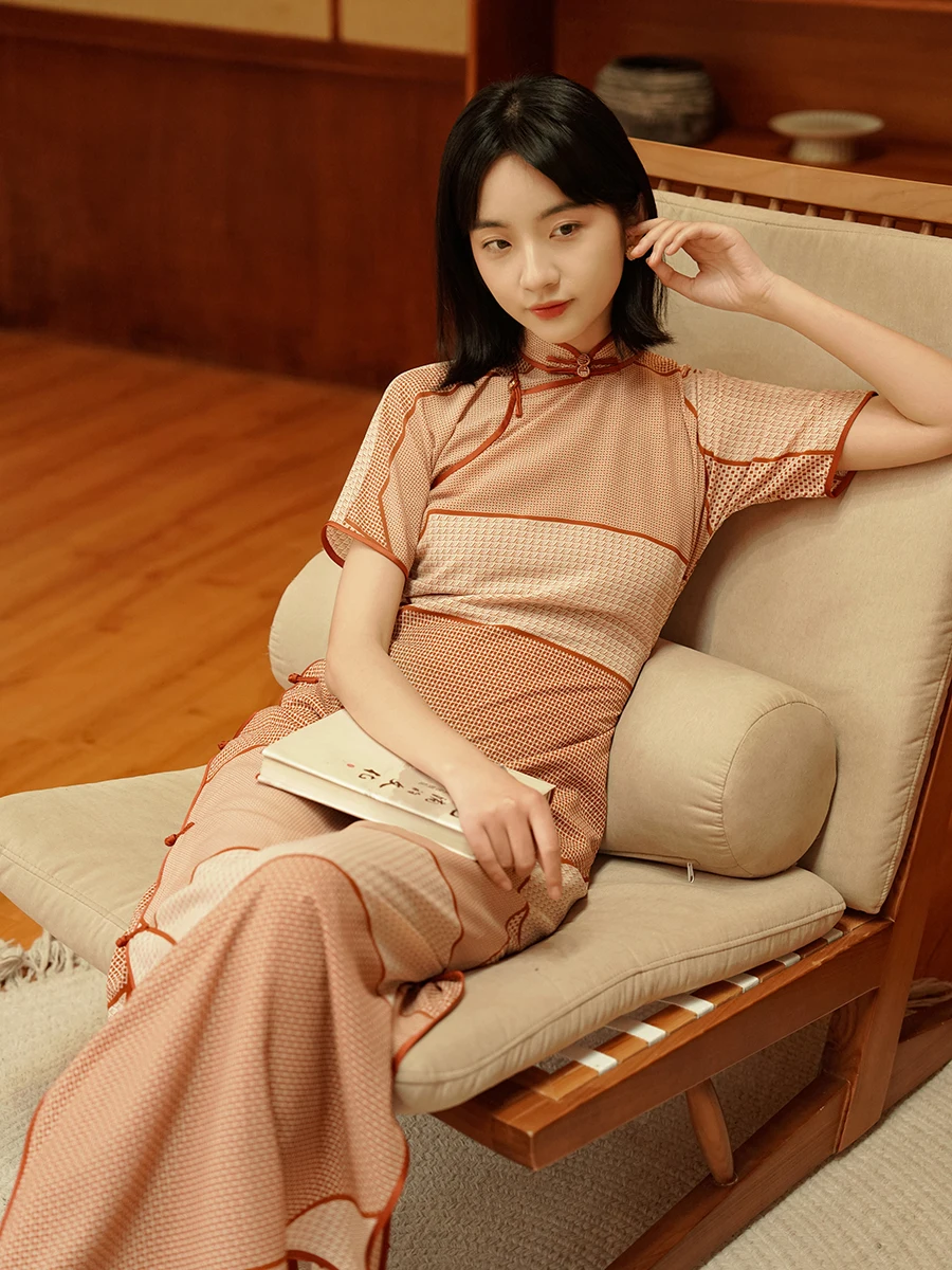 

Винтажное шифоновое платье-ципао Momei с разрезом до колена, без пояса, с отделкой, для повседневной носки, в старинном стиле