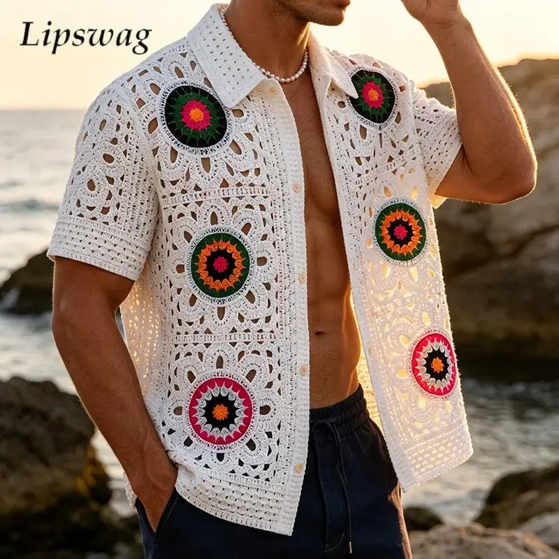 Vintage Geometric Embroidery Knit Shirts Men 2026 Summer Beach Casual Hollow Out Knitting Shirt Fashion Mens Short Sleeve Shirts