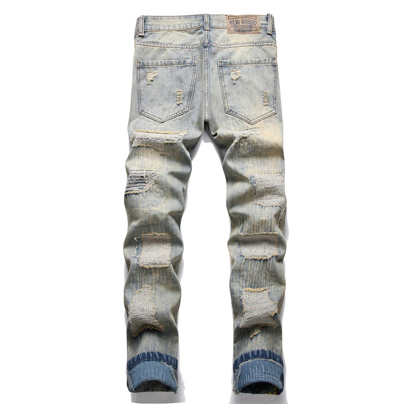 2024 New Spring Ripped Patch Jeans Retro Blue Slim Mid-Waist Elastic Men\'s Cuffed Printed Hip Hop Casual Pants