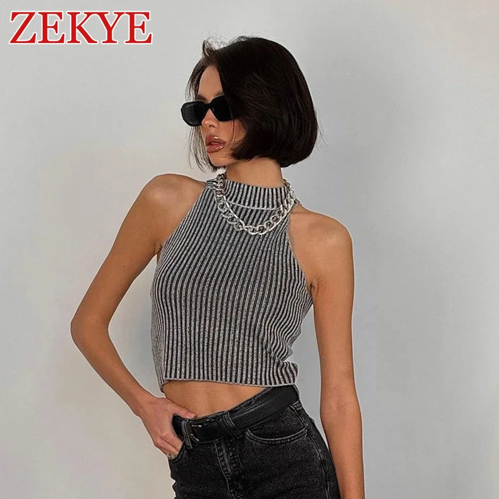 Zekye Retro Round Neck Y2K Aesthetic Knitted Tank Top For Women Summer Striped Contrast Sleeveless Grunge Crop Tops Sweater Grey