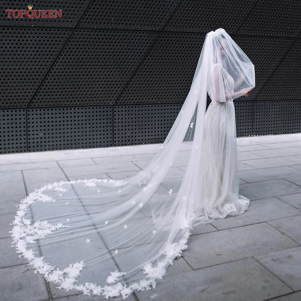 TOPQUEEN V150 Luxury Two-Layer Floral Wedding Veil Bridal Veil Cathedral Long Bride 5 Meters with 3d Flowers Lace with Comb