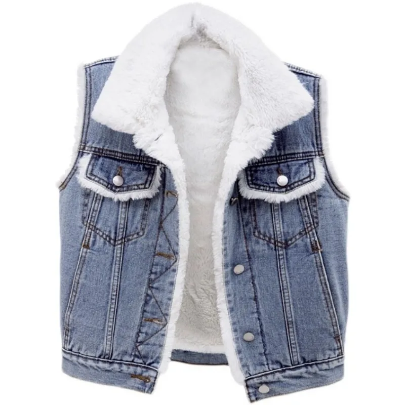 

2023 Autumn Winter New Women Warm Denim Vest Short Solid Color Sleeveless Lambs Wool Jacket Loose Large Size Fashion Waistcoat