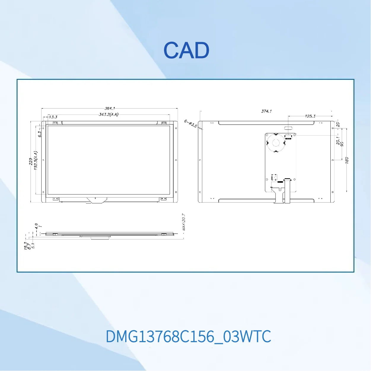 15.6-inch, 1366*768 Pixels Resolution, 262K Colors, TN-TFT-LCD, Normal Viewing Angle TTL/RS232 DMG13768C156_03W