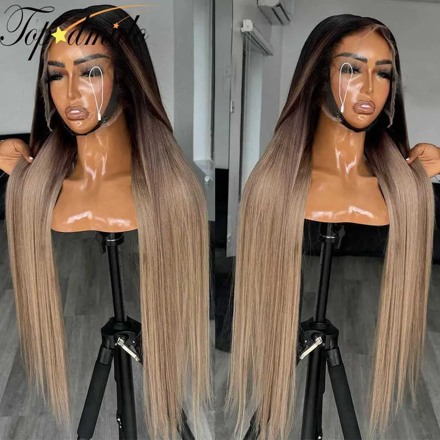 Topodmido-Straight Lace Front Wig com parte do meio, cabelo brasileiro, Ombre Color, 250 Densidade, 13x4, 13x6