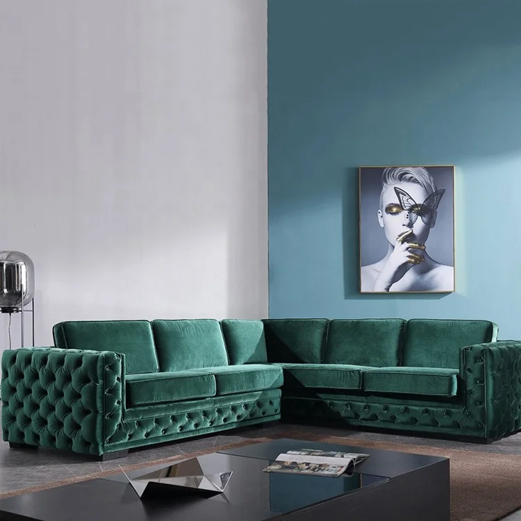 Living room furniture green velvet L-shaped modular sofa