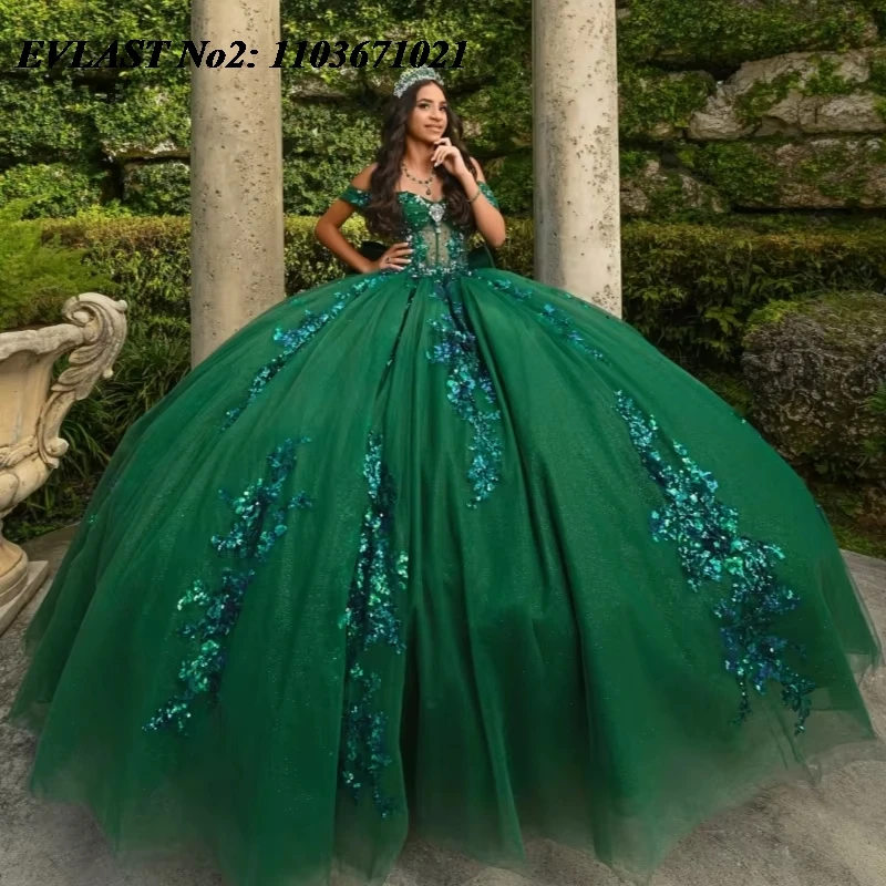 

EVLAST Customized Green Ball Gown Quinceanera Dress Off Shoulder Shiny Applique Beading Bow Sweet 16 Vestidos De 15 Anos E2Q44