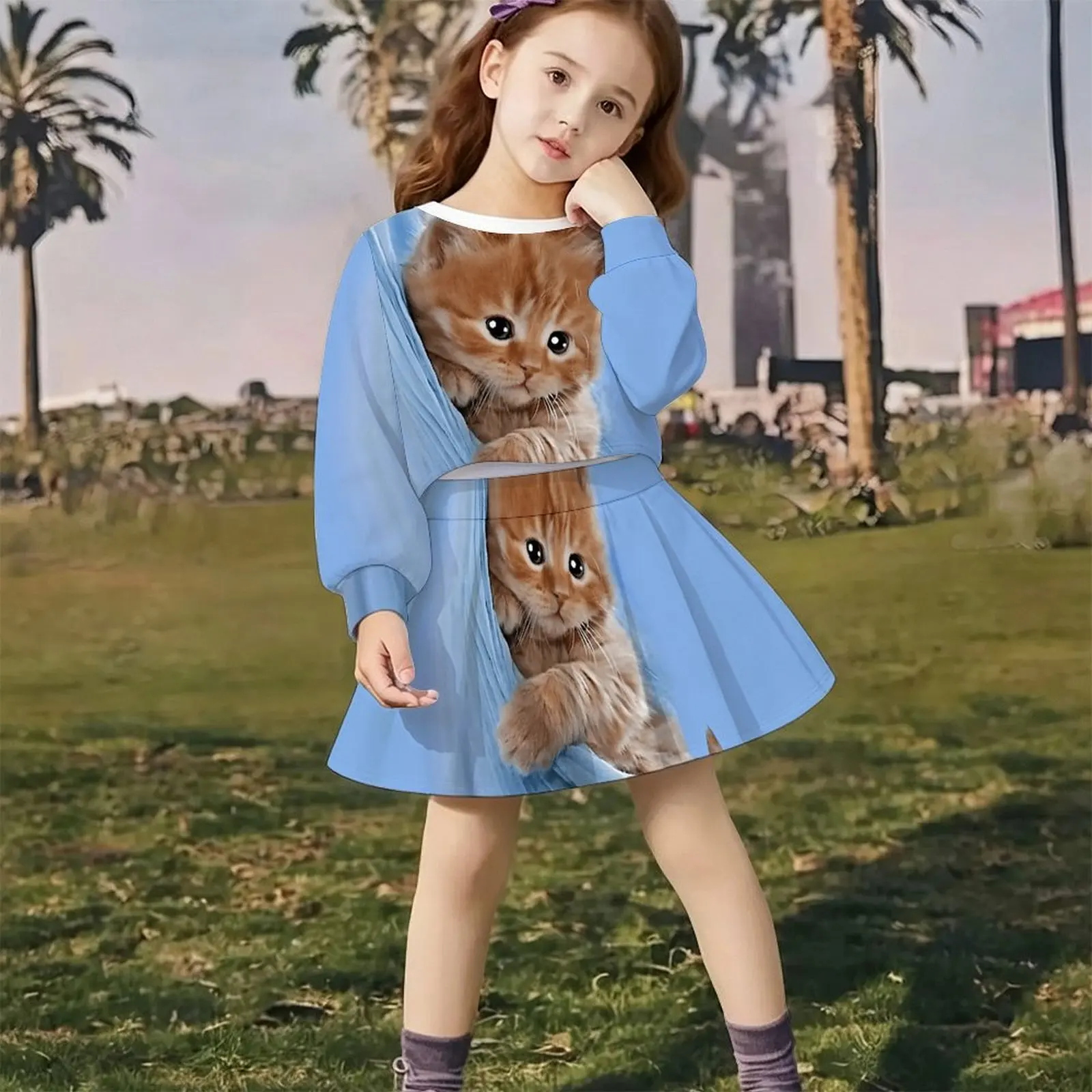 Lovely Kawaii Fairy Style Girls Outfit Long Sleeve Print Top A-line Skirt  Soft Breathable  For Wedding Flower Girl Party