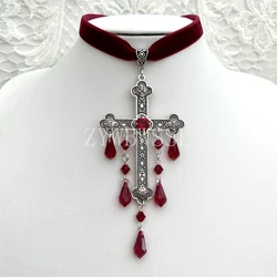 Large Cross Choker, Red Goth Choker, Gothic Cross, Goth Cross Velvet Choker, Red Velvet Choker with Cross, Velvet Cross Choker,