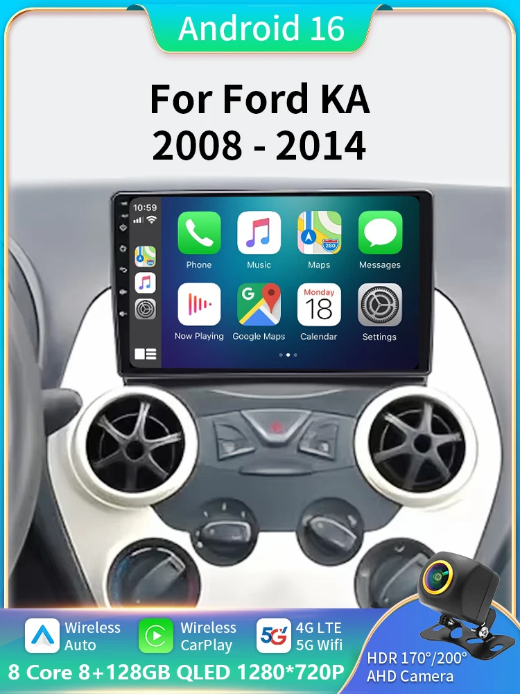 Android 16 Auto autoradio voor Ford Ka 2008 2009 2010 2011 2012 2013 2014 Carplay multimediaspeler stereo GPS head unit DSP BT - afbeelding 2