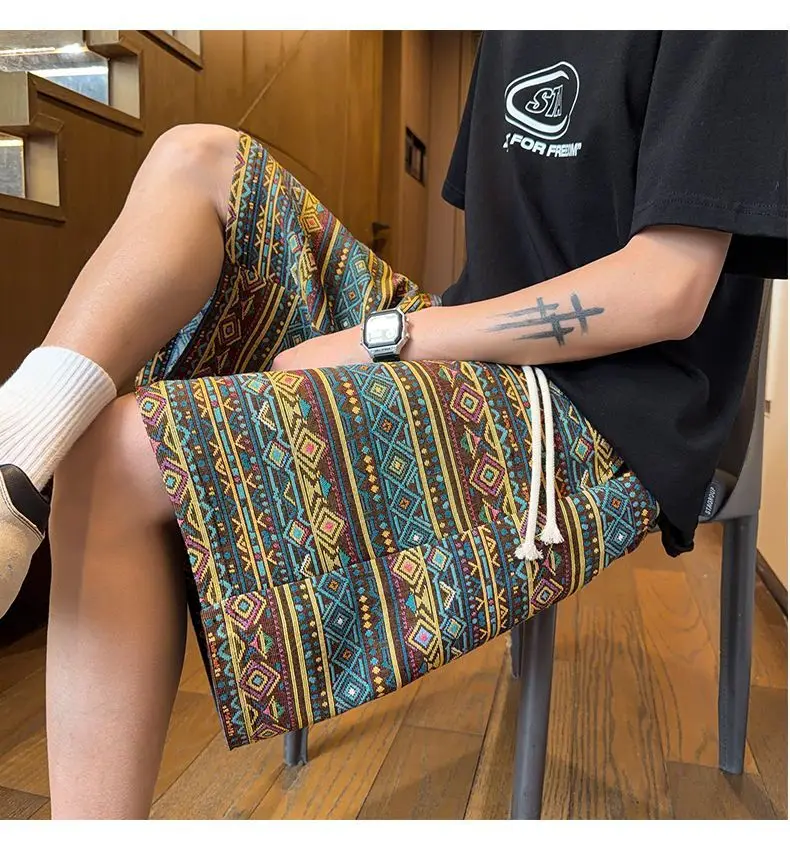 Men's Retro Geometric Patterns Shorts Summer Cool Boys Wide Leg Casual Bottom Cropped Pants Male High Waist Half Trousers