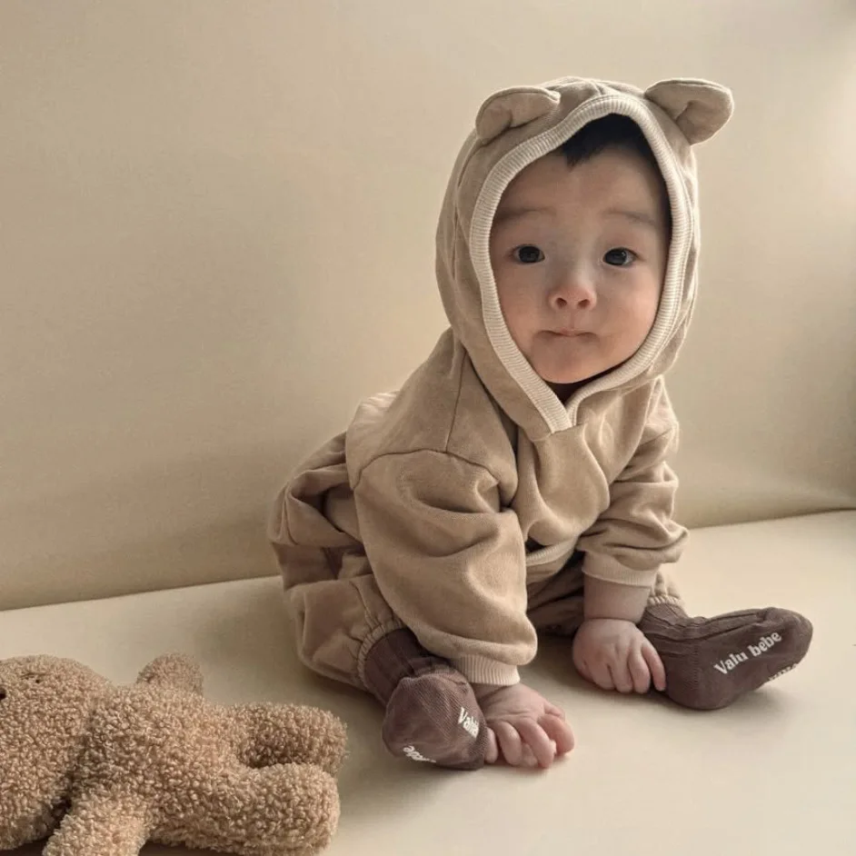 

2025 Autumn New Baby Long Sleeve Romper Cute Big Pocket Infant Boy Girl Bear Ears Hooded Jumpsuit Newborn Cotton Clothes 0-24M