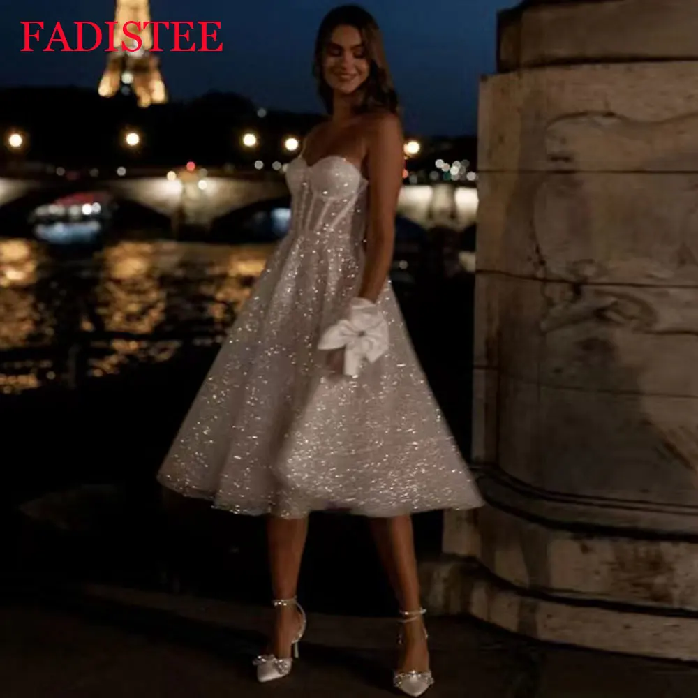 

Customized Glitter Tulle Evening Dresses Sweetheart Sleeveless Prom Dress Bridal Gowns Bride Robes Vestidos De Novia Tea Length