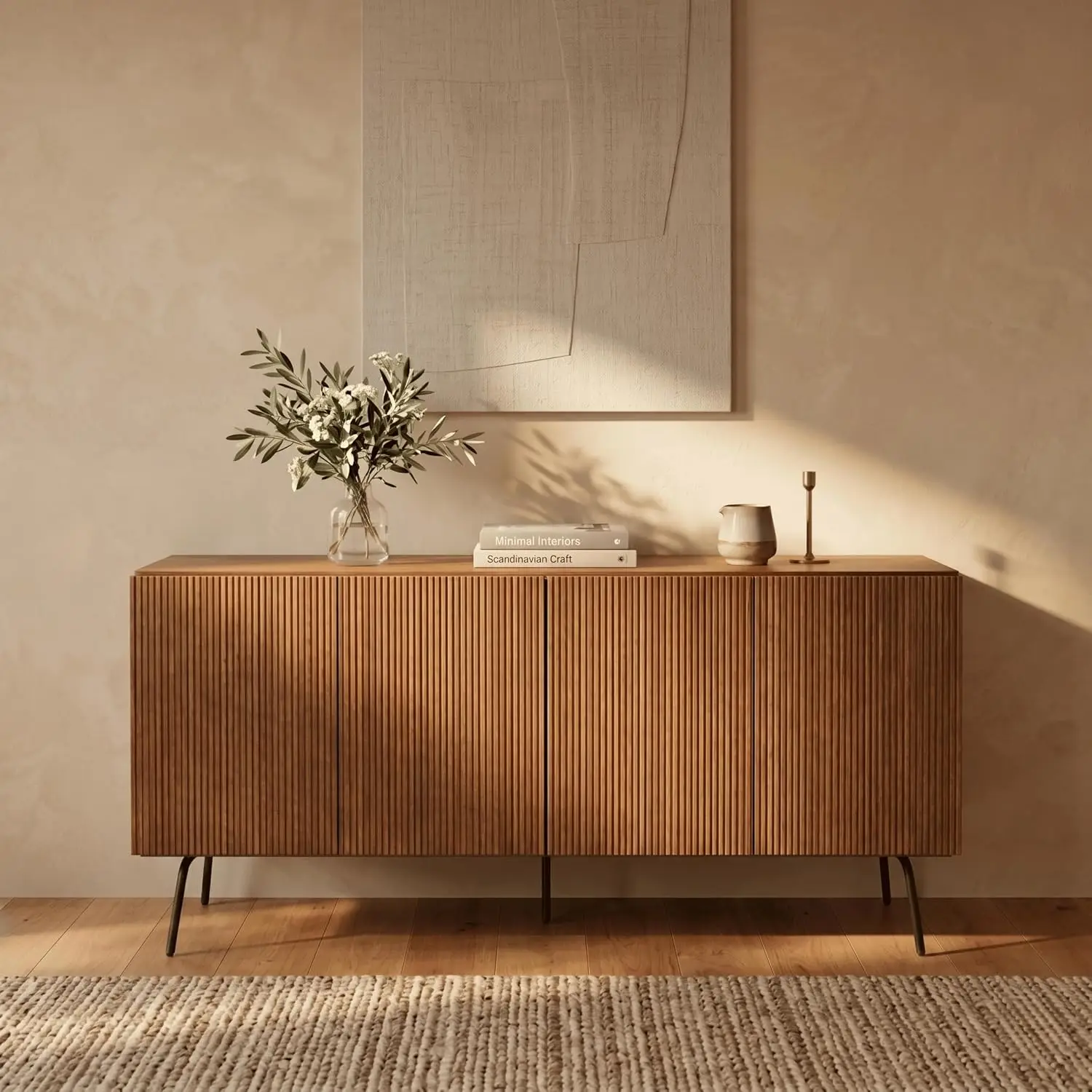 Modern Sideboard Buffet Cabinet with 4 Doors Vertical Groove Metal Legs Living Room Hallway Storage Rustic Oak, Customized