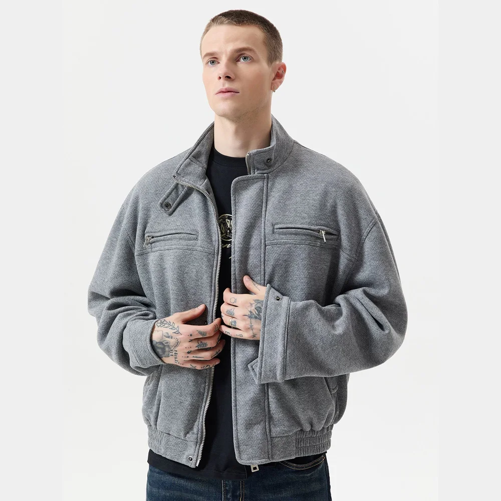 

Autumn Winter Woolen Bomber Jacket Men Stand Collar Vintage Fashion Loose Casual Short Cargo Jacket Korean Streetwear Coat