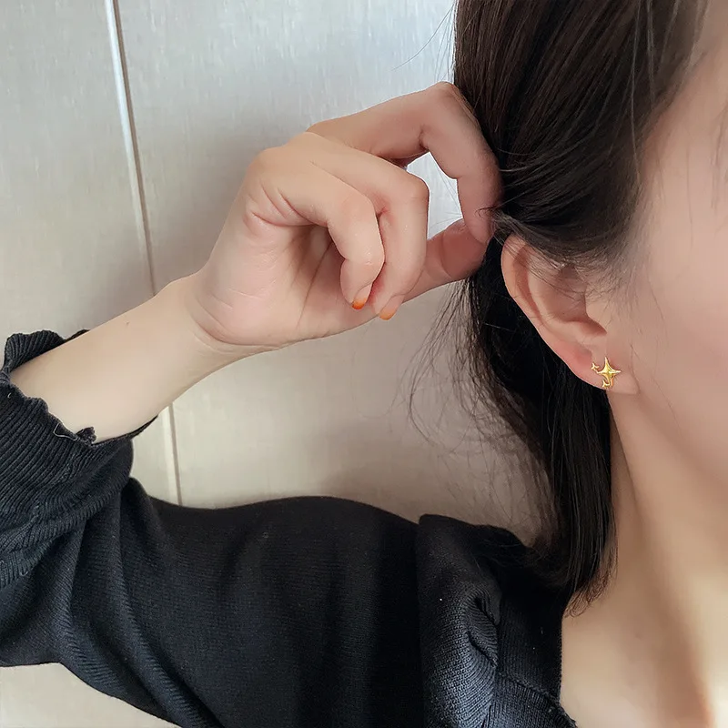 S925 Silver Needle Gold Color Star Small Stud Earrings For Women Girl Korean Tiny Asymmetry Cross Earring Summer Jewelry Gift