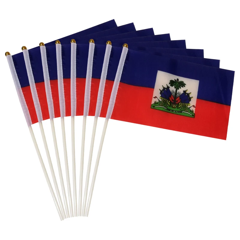 aerlxemrbrae    100pcs/lot  Haiti hand waving Flag 14*21cm Polyester Double Side Printing HT  with plastic flagpole