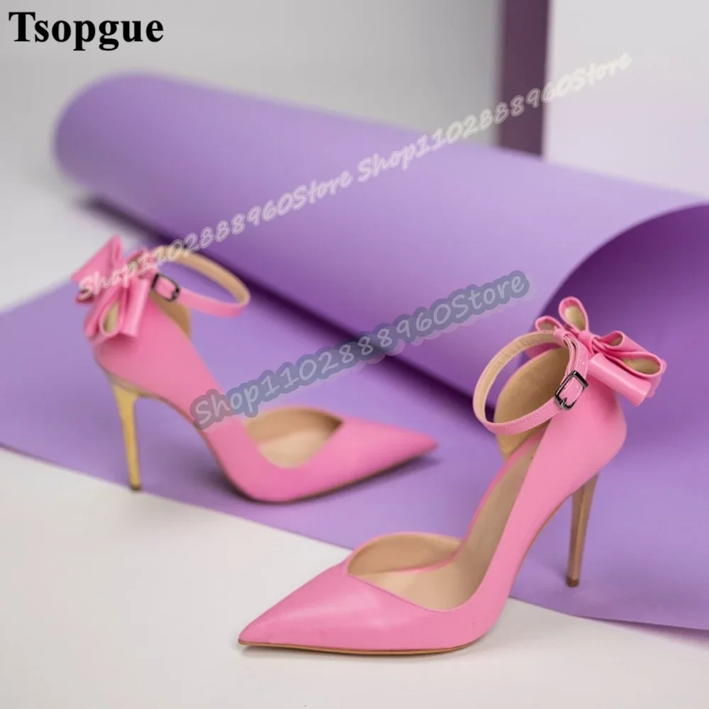 

Shallow Pink Leather Bowknot Pointy Pumps Stilettos High Heel Shoes For Women Ankle Buckle Strap Pointed Toe Casual Party Pumps