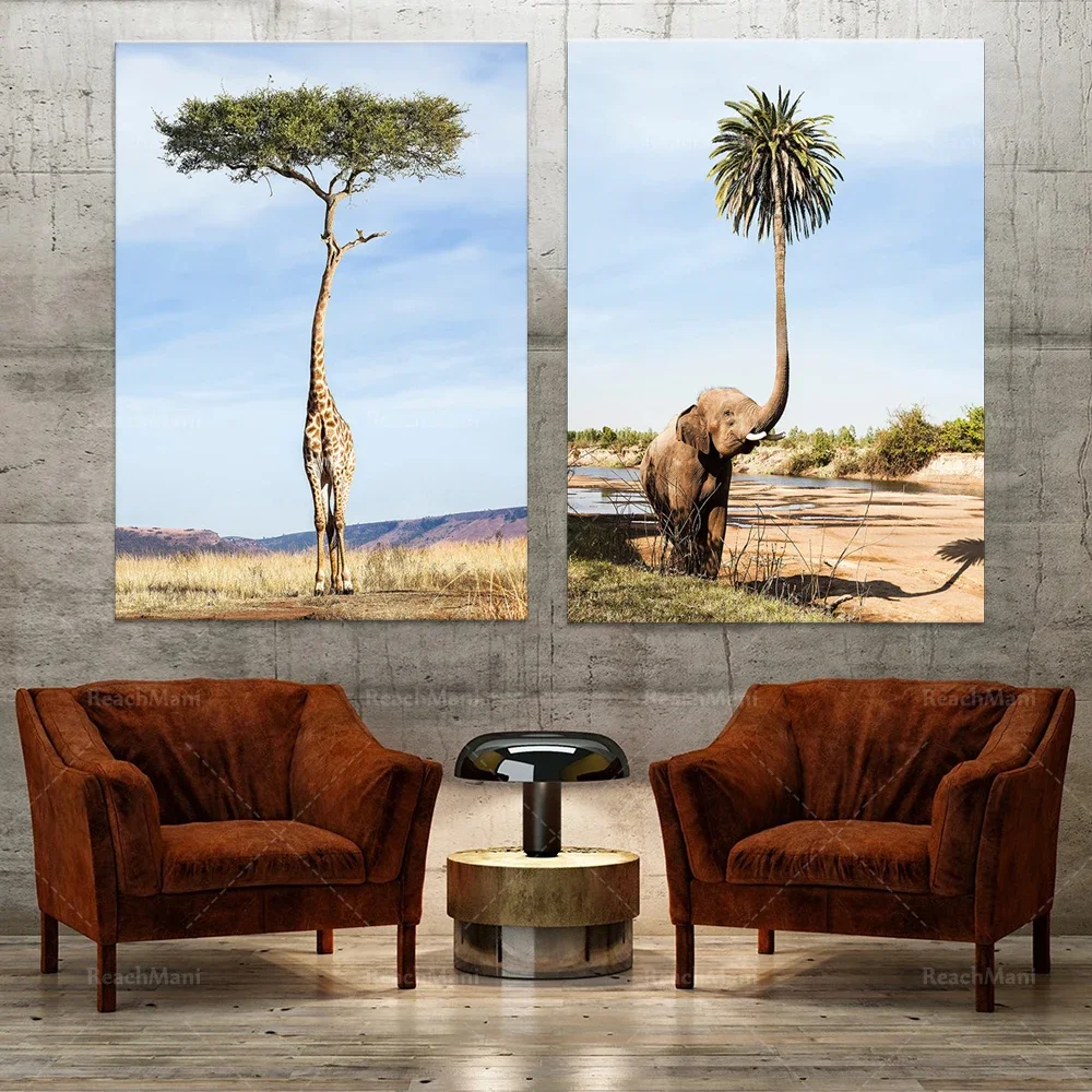 Creative Animal Poster Painting Elephant Head Bouquet and Giraffe Creative Gift Wall Art Jungle Wall Art Aesthetic Room Decor