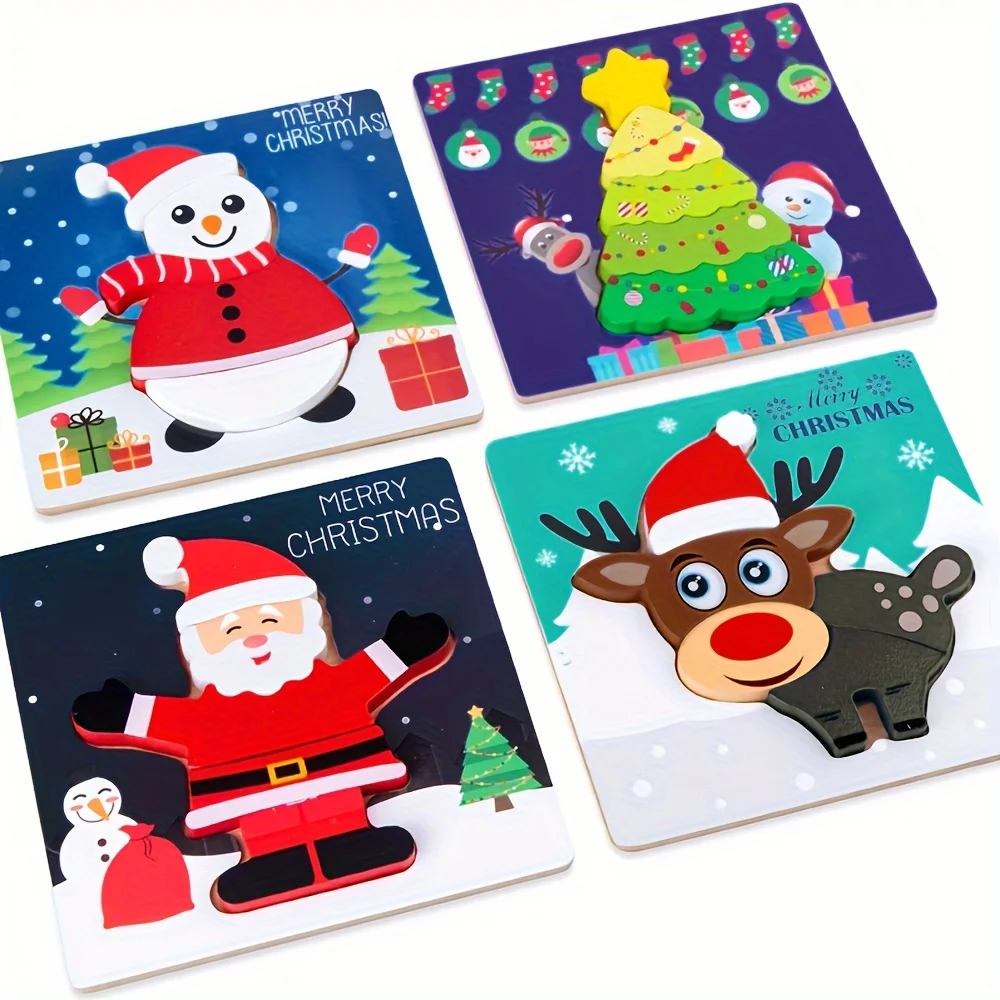 

4 Christmas wooden puzzle toys kindergarten early education AIDS 3-6 years old wooden puzzle wisdom blocks