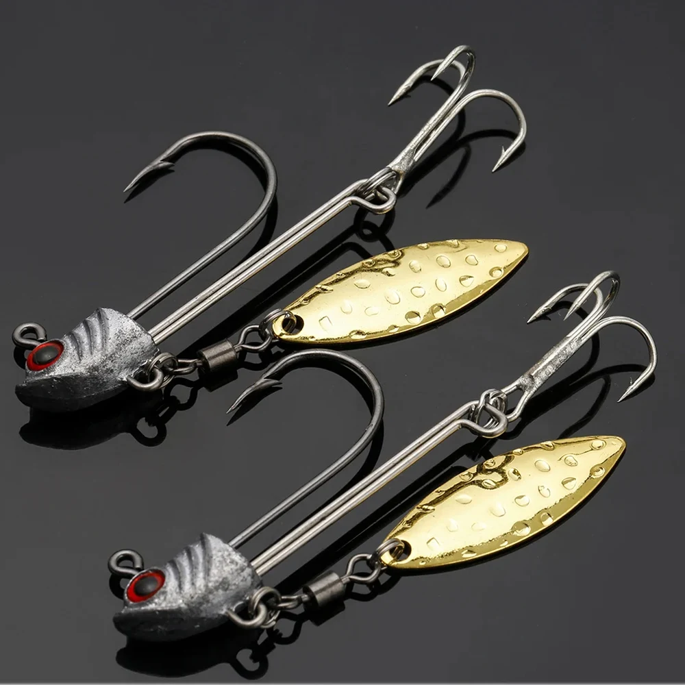 

5pcs Jig Head Hooks 7g 10g 17g Weighted Hooks with Gold Willow Blade Metal Spoons 3D Fish Eye Jigging Barbed Hook For Soft Lures