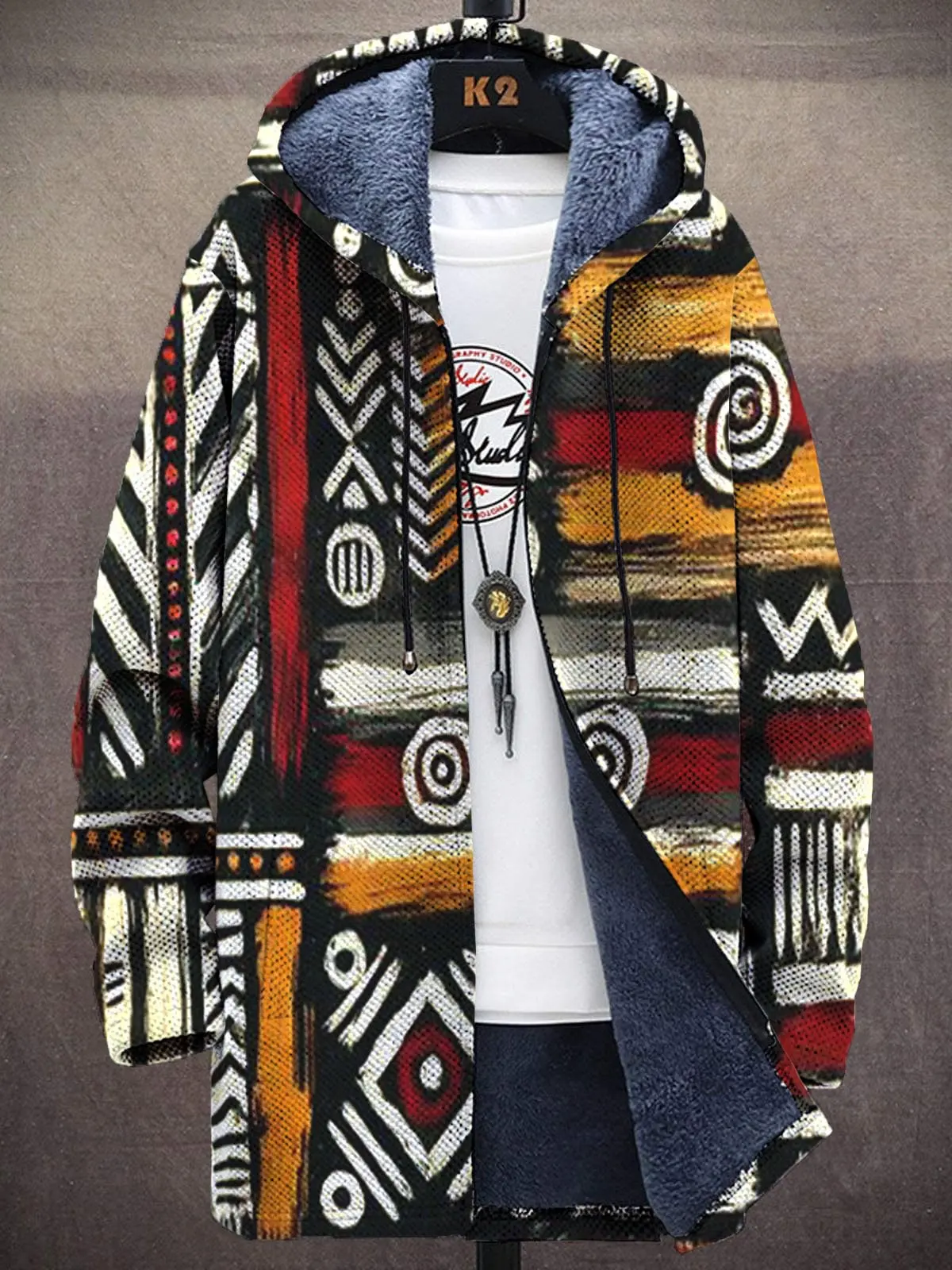 Unisex Colorful Vintage Print Plush Sweater Cardigan Thick Long-Sleeved Fleece Lined Hoodie Coat for All Seasons