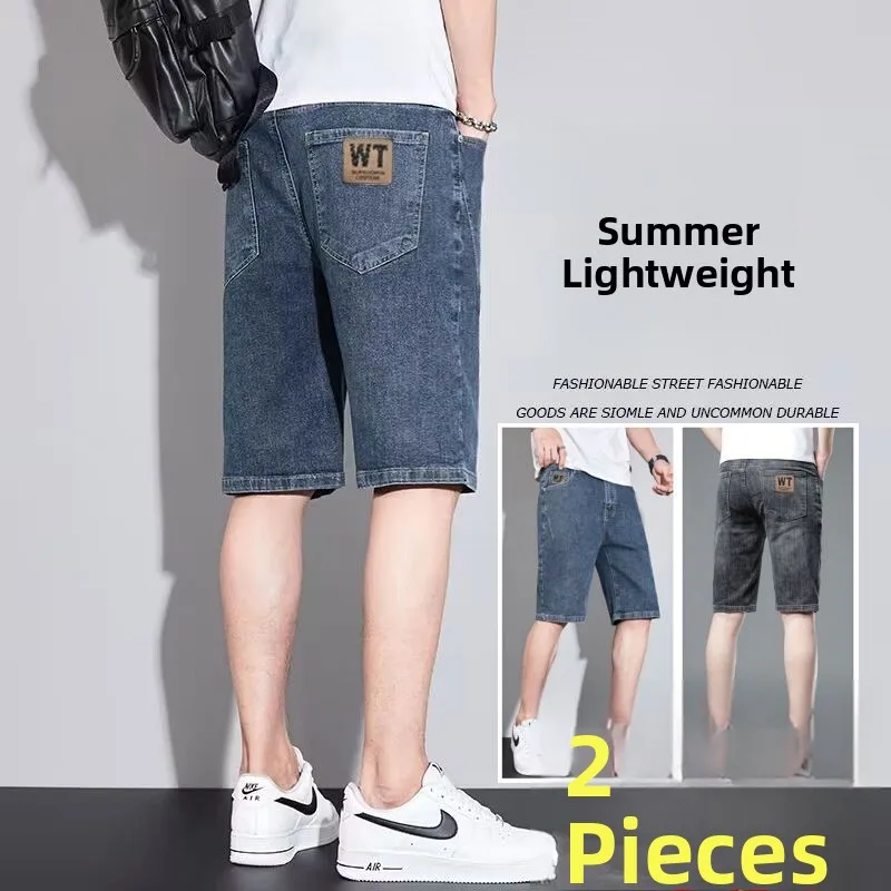 

Мужские летние тонкие джинсовые орты Five-Quarter, повседневные прямые хлопковые эластичные джинсы, молодежные модные износостойкие джинсы с высокой талией