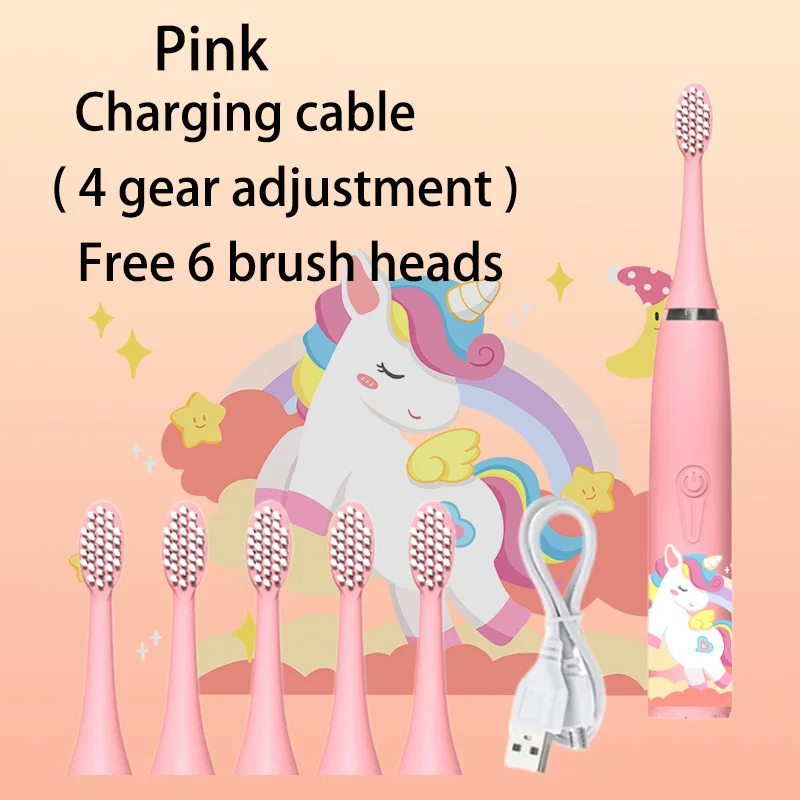 Sonic Electric Toothbrush Cartoon Kids With Cleaning brush Ultrasonic IPX7 Waterproof Rechargeable Timer Brush for Children Pink